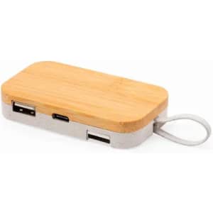A power bank with a bamboo top and grey base, featuring two USB ports and a cable loop.