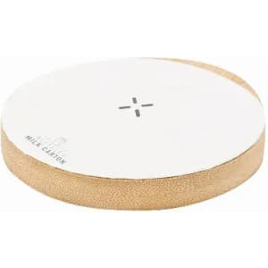 A round, wooden wireless charger with a light wood base and a smooth white top. It features a simple logo.
