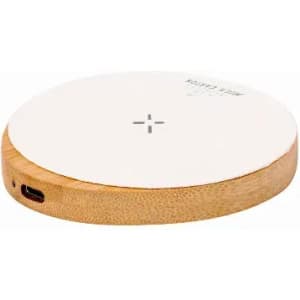A wireless charger with a bamboo base and a white top, featuring a small logo and a charging port.
