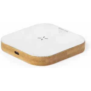 A wireless charger with a white top and bamboo base, featuring a USB-C port.