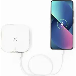 A wireless charger in white connected to a smartphone, featuring a charging indicator on the screen.