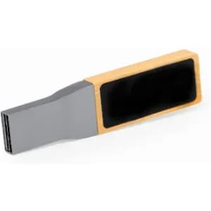A grey and wooden USB flash drive with a smooth surface and a logo on one side.