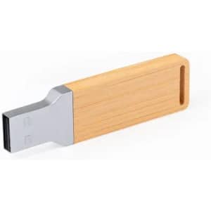 A wooden USB drive with a silver metal end, featuring a sleek design and a logo on one side.