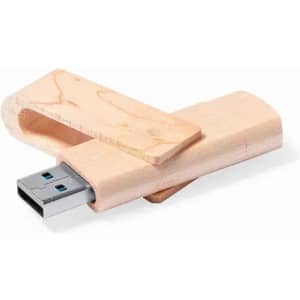 A wooden USB drive with a silver connector, featuring a simple design and a natural finish.