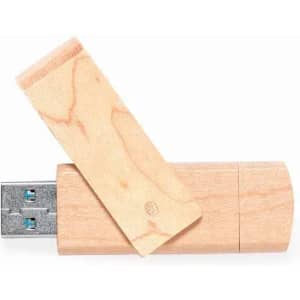 A wooden USB drive with a silver connector and a sliding cap, showcasing natural wood grain patterns.