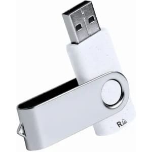 A white USB flash drive with a silver swivel cover and a logo on the side.