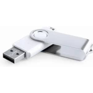 A silver and white USB flash drive with a swivel cover and a logo on the side. It has a capacity of 16GB.