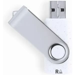 A white USB flash drive with a silver swivel cover, featuring a circular attachment point and a logo.