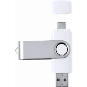 A USB flash drive in white with a silver swivel cover, featuring both USB and USB-C connectors.