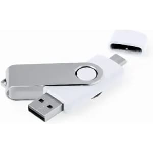 A dual-ended USB drive in white and silver with a removable cap, featuring a branding logo.