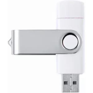 A white USB flash drive with a silver swivel cover and a keyring attachment.