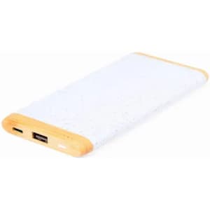 A portable charger with a white textured surface and wooden accents, featuring USB ports for connectivity.