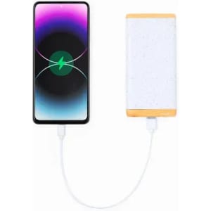A portable charger in white with an orange top, connected to a smartphone displaying a charging graphic.