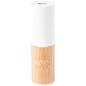 A drink bottle featuring a white top and bamboo base, with a logo on the body.
