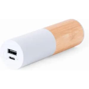 A portable charger with a white cylindrical body and a bamboo section, featuring USB ports.