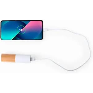 A portable charger with a wooden design connected to a smartphone via a white cable.