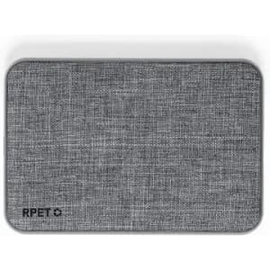 A grey fabric-covered rectangular product with a logo in the corner, featuring a textured appearance.