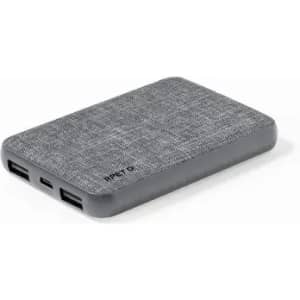 A power bank featuring a grey fabric texture with multiple USB ports and a subtle logo.