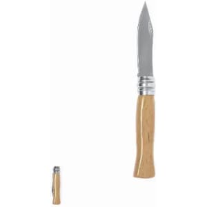 A folding knife with a stainless steel blade and a light wooden handle, featuring a logo on the handle.