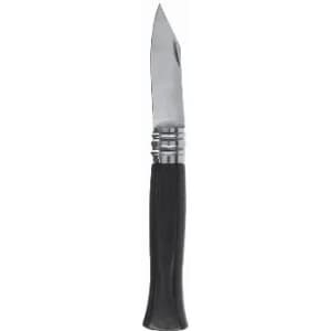 A folding knife with a stainless steel blade and a black handle, featuring silver detailing on the bolster.