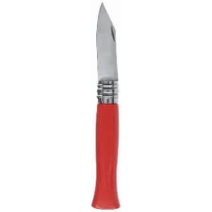 A folding knife with a shiny silver blade and a red plastic handle. It has a classic design and a logo on the handle.