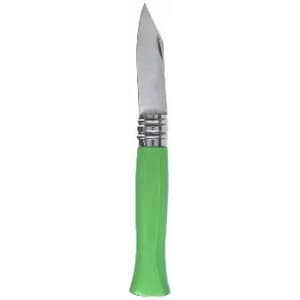 A folding knife with a stainless steel blade and a green plastic handle.