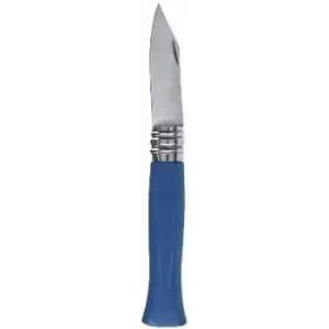 A knife with a stainless steel blade and a blue plastic handle, featuring a logo on the handle.