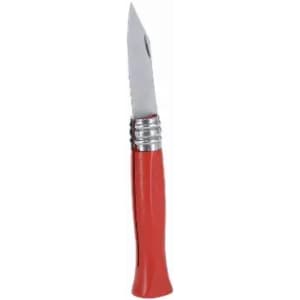 A knife with a shiny silver blade and a red handle, featuring a textured grip and decorative metal accents.