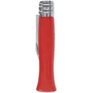 A red drink bottle with a silver lid and a slim design, featuring a logo on the side.
