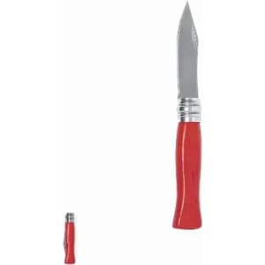 A folding knife with a silver blade and a bright red handle, featuring a sleek design and a metal accent.