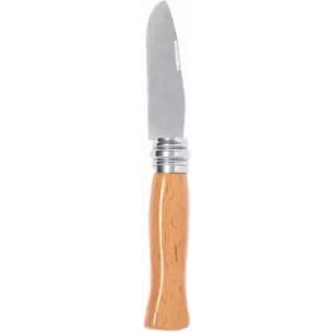 A knife with a silver blade and a light wooden handle. It features a simple design and metal accents.