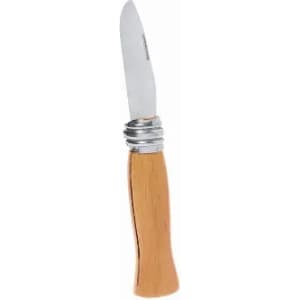 A pocket knife with a stainless steel blade and a wooden handle, featuring a metal ring near the base.