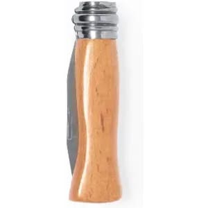 A pocket knife with a sleek silver blade and a polished wooden handle. It features a branding logo on the handle.