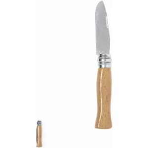 A folding knife with a silver blade and a light wooden handle, featuring a simple design.