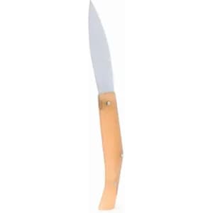A folding knife with a sleek silver blade and a wooden handle. The knife is minimalist and elegant in design.