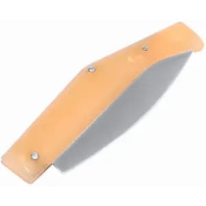 A tool with a shiny metal blade and a beige leather handle, featuring two screws for attachment.