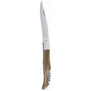 A folding knife with a shiny metal blade and a wooden handle, featuring a textured grip.
