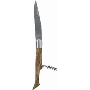 A folding knife with a stainless steel blade and a wooden handle, featuring a corkscrew for bottle opening.