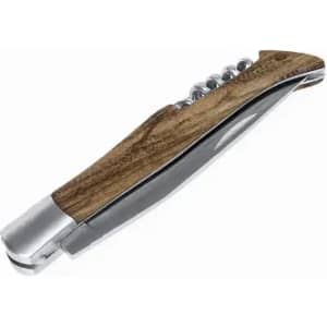 A corkscrew with a wooden handle and a chrome finish, featuring a series of metal spirals for opening bottles.