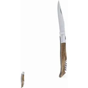 A knife with a stainless steel blade and a wooden handle, featuring a compact folding design.