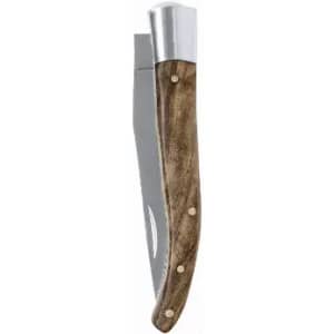 A folding knife with a shiny silver blade and a polished wooden handle, featuring metal rivets.