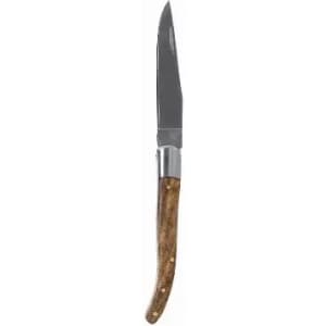 A knife with a sharp metal blade and a brown wooden handle, featuring a sleek design and polished finish.