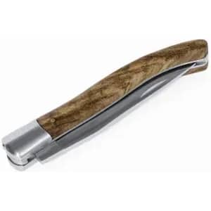 A folding knife with a wooden handle and a sleek, shiny metal blade. The design is simple and elegant.