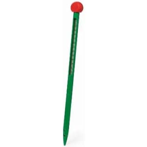 A green garden tool with a red top, designed for measuring moisture in soil, featuring a vertical scale.
