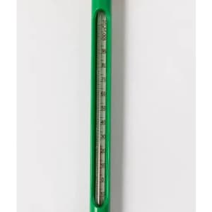 A thermometer with a green casing, featuring a clear glass tube filled with liquid and a scale marked in Celsius.