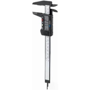 A digital caliper with black casing, measuring jaws, and a display for precise measurements.