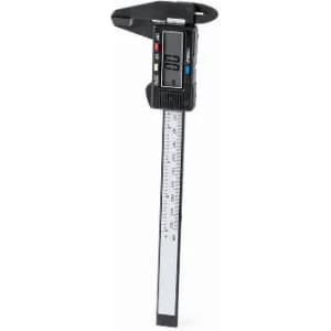 A digital caliper with a black body and a clear display, featuring both metric and imperial measurements.