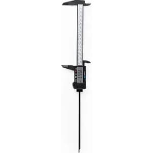 A digital caliper with a black finish, featuring a measurement scale and a display screen for readings.