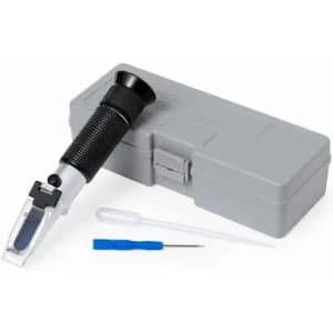 A refractometer with a black and silver body, accompanied by a grey storage case and small tools.