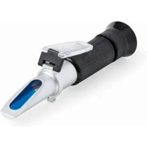 A refractometer with a silver and black design, including a blue viewing window and a protective cover.